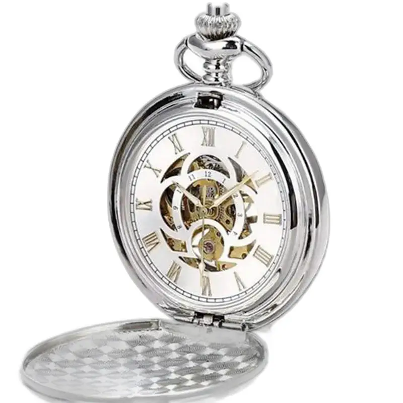 Schicke mechanische Taschenuhr mit doppelter Klappe in Silber
