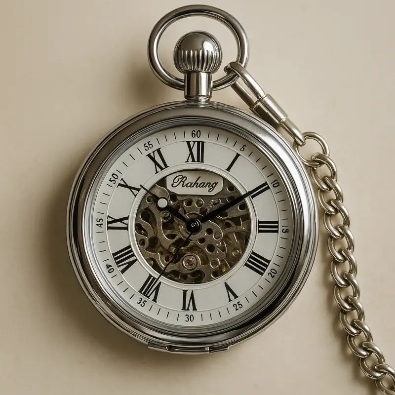 Silberne automatische Taschenuhr mit Kette, zeitlose mechanische Eleganz