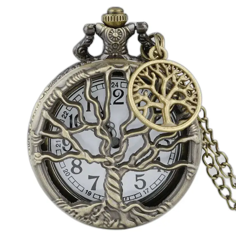 Vintage-Halskette für Damen, Taschenuhr mit bronzefarbenem Baum-Design