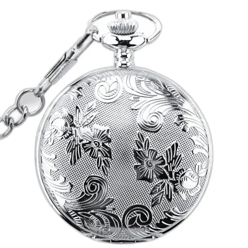Damen-Taschenuhr mit doppelter Klappe und elegantem silbernen Blumenmuster