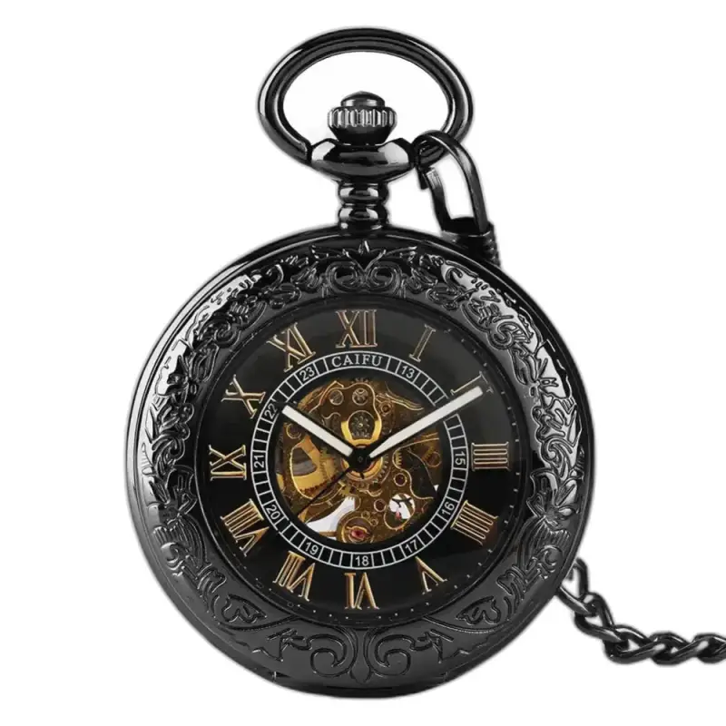 Schwarze Steampunk Iridium Automatik-Taschenuhr in raffinierter Iridium-Tasche