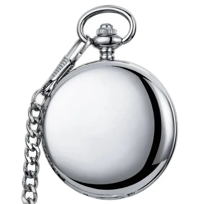 Klassische silberne glatte mechanische Taschenuhr mit glänzender Stahlkette