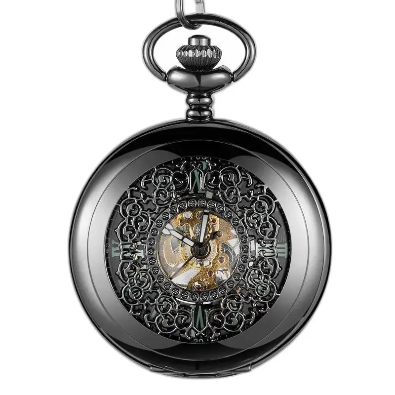 Leuchtende Taschenuhr „Evil Flower“ mit verziertem schwarzem Vintage-Zifferblatt