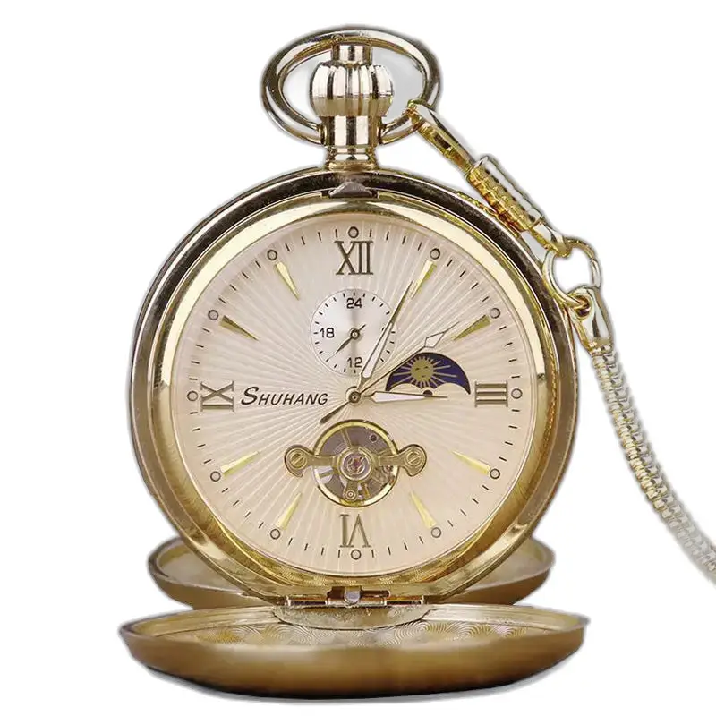 Luxuriöse Gold-Taschenuhr mit doppelter Klappe, Kette und eleganter Mondphase