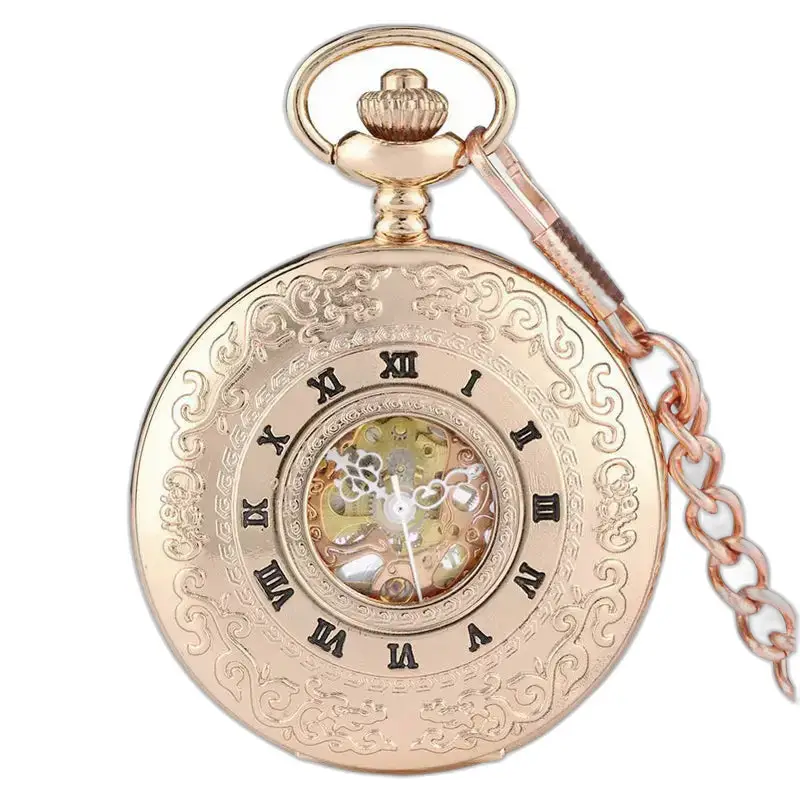 Luxuriöse Taschenuhr aus Roségold mit römischen Ziffern und verzierter Kette