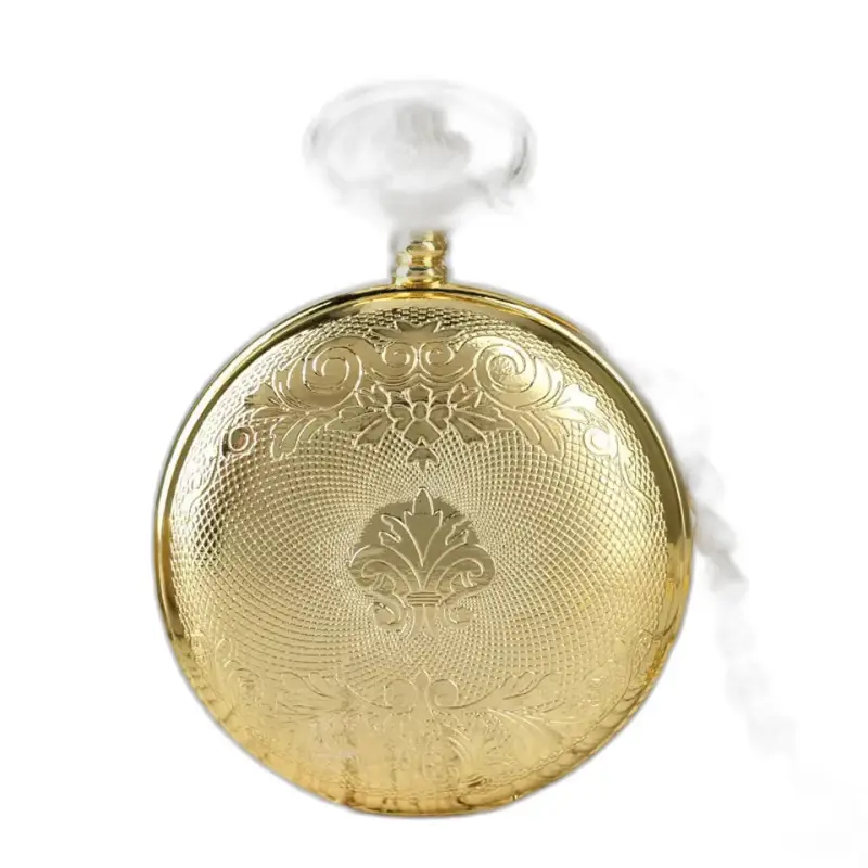 Luxuriöse goldene Skelett-Taschenuhr mit römischen Ziffern und verziertem Goldfinish