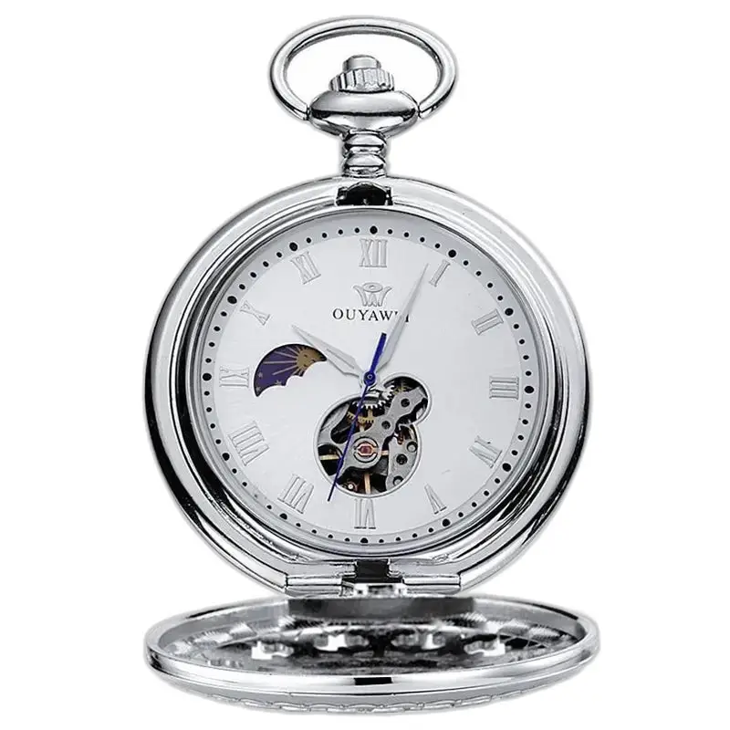Luxuriöse silberne mechanische Taschenuhr für Herren mit freiliegendem Mechanismus