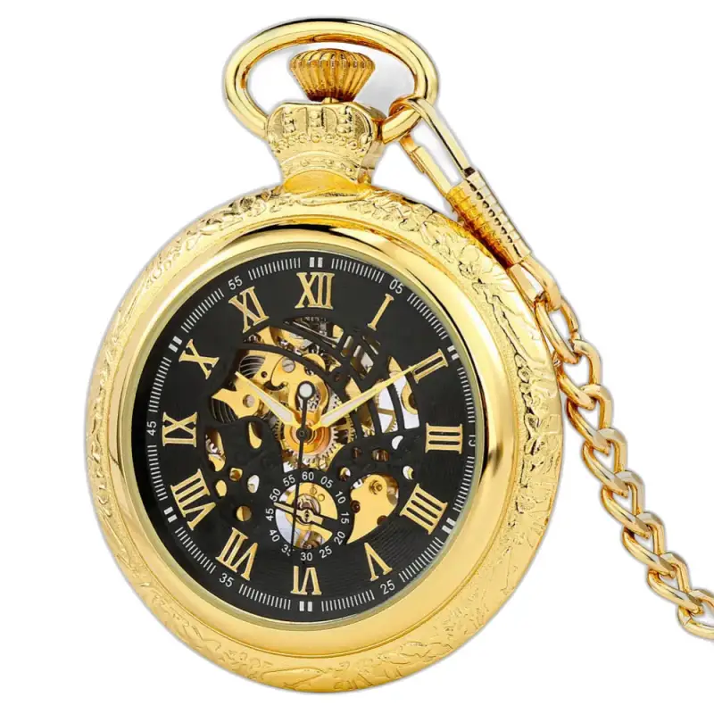Goldene mechanische Taschenuhr mit Kette und römischem Zifferblatt aus Schwarzgold
