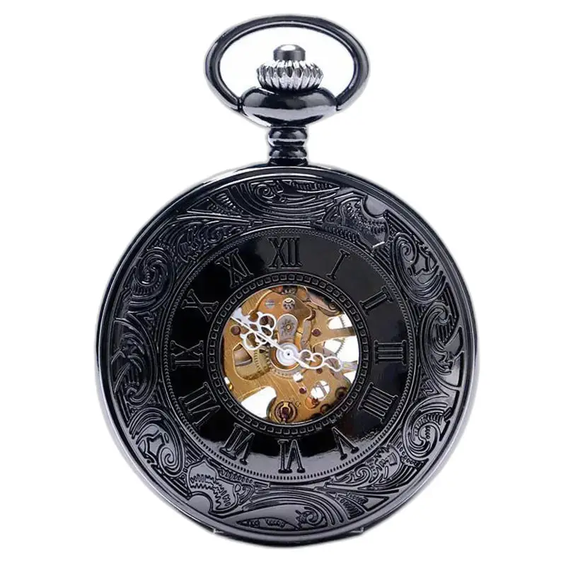 Mechanische Taschenuhr im Black Metal Chic mit sichtbarem Mechanismus aus schwarzem Metall