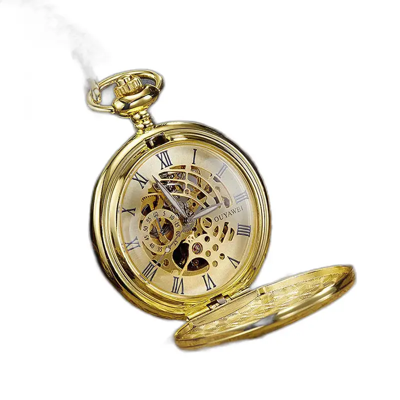 Mechanische Taschenuhr mit schwarzem Zifferblatt und römischen Ziffern und goldenem Gehäuse
