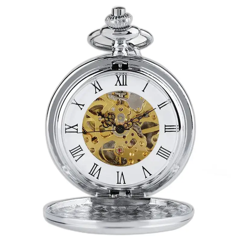 Silberne mechanische Taschenuhr mit Doppelklappe und sichtbarem Silbermechanismus