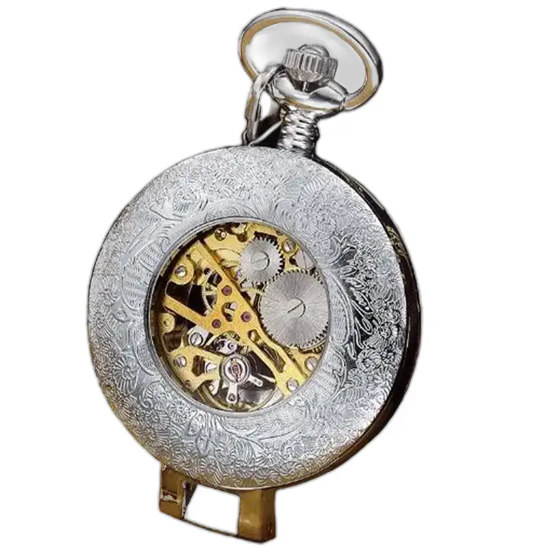 Silberne Taschenuhr mit Blumengravur und sichtbarem Skelettherz