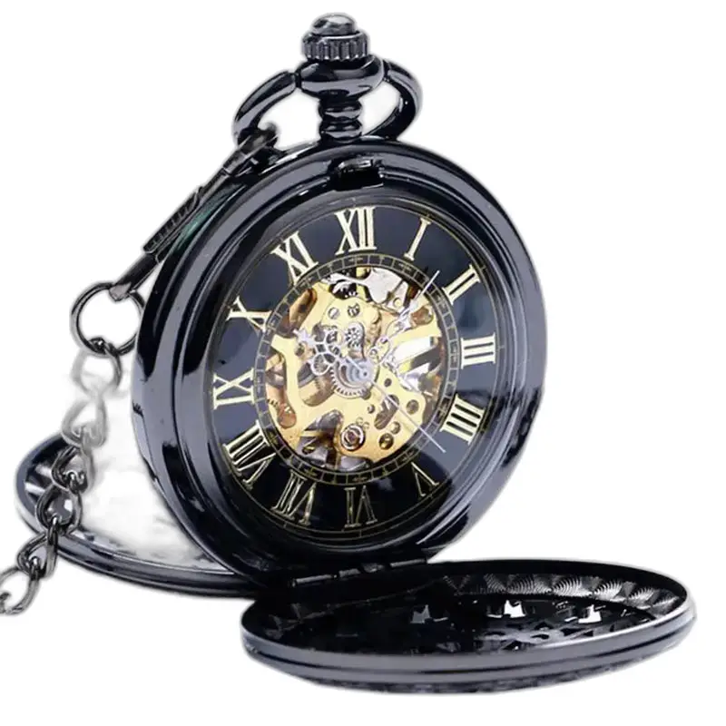 Schicke schwarze mechanische Taschenuhr, elegante und raffinierte schwarze mechanische Taschenuhr