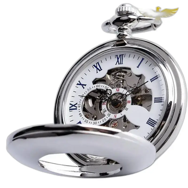 Luxuriöse skelettierte mechanische Taschenuhr in Silber mit sichtbarem Mechanismus