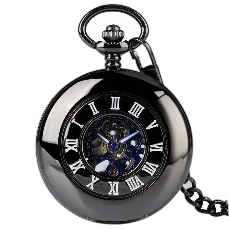 Moderne schicke schwarze Taschenuhr mit eleganten römischen Ziffern und raffiniertem Design