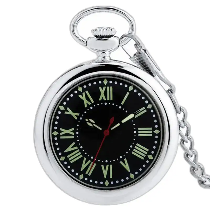Silberne Quarz-Taschenuhr mit offenem Zifferblatt und eleganten römischen Ziffern