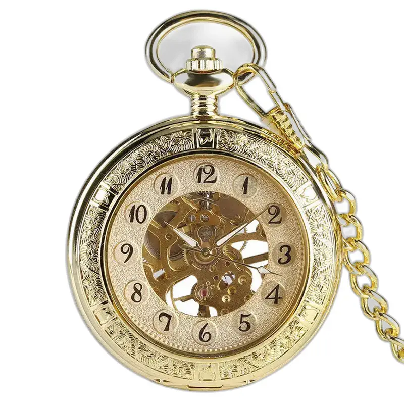 Königliche luxuriöse mechanische Goldtaschenuhr mit sichtbaren Zahnrädern und Kette
