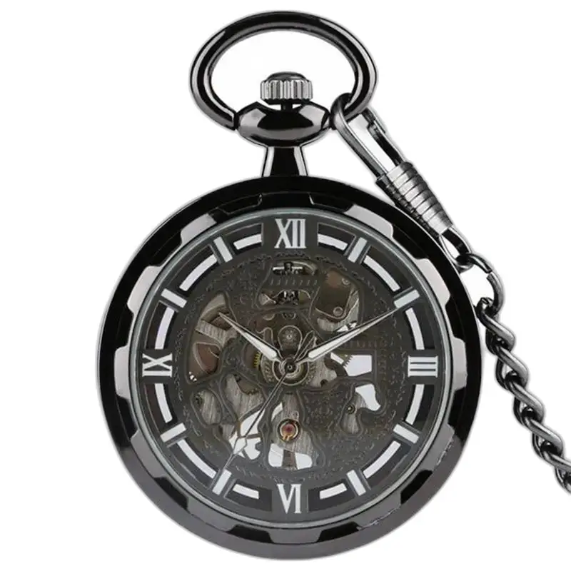 Schicke mechanische Skelett-Taschenuhr mit Kette und elegantem schwarzem Design
