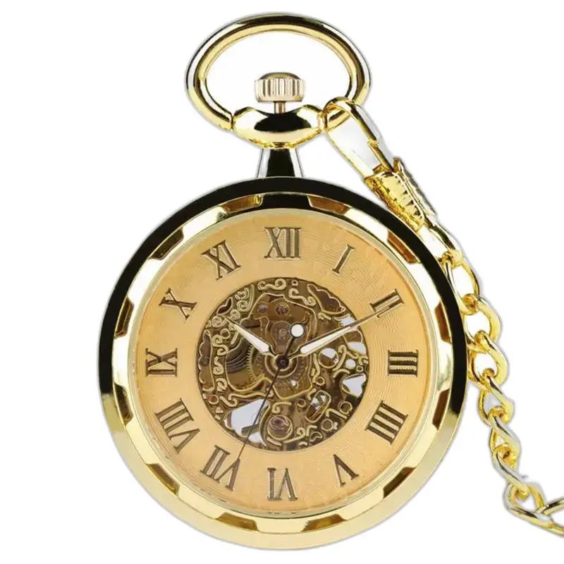 Goldfarbene Taschenuhr aus Stahl mit Kette, luxuriöse mechanische Skelett-Taschenuhr für Herren