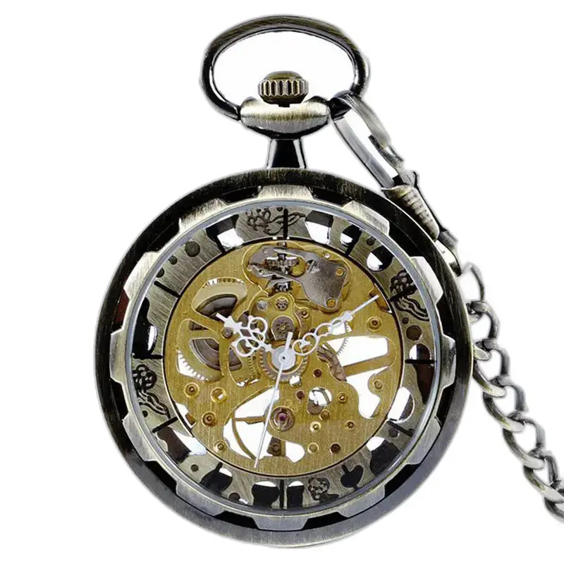 Moderne Skelett-Taschenuhr mit Kette und stilvollem mechanischem Uhrwerk