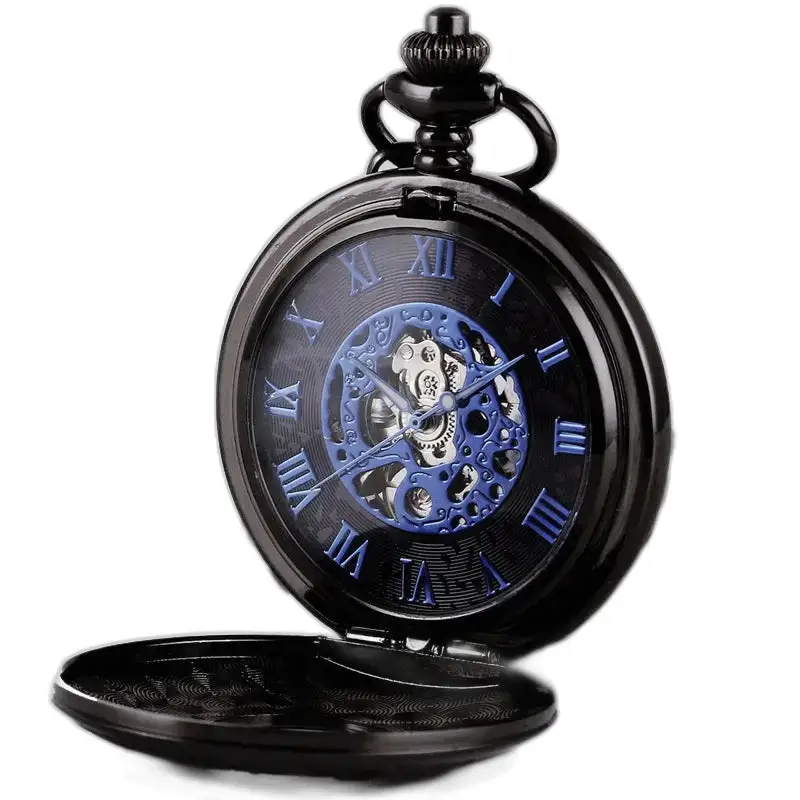 Steampunk Double Demi Hunter Chic Taschenuhr mit blauen römischen Ziffern