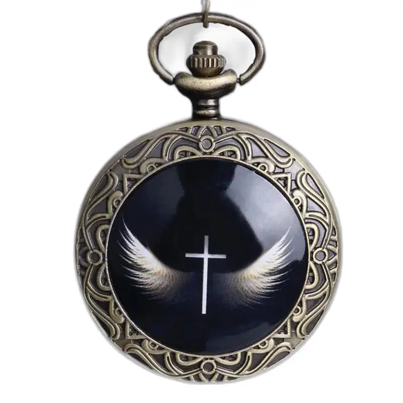 Trendige Engelsflügel-Halskettenuhr mit Vintage-Halskettenuhr, Kreuz und Flügeln
