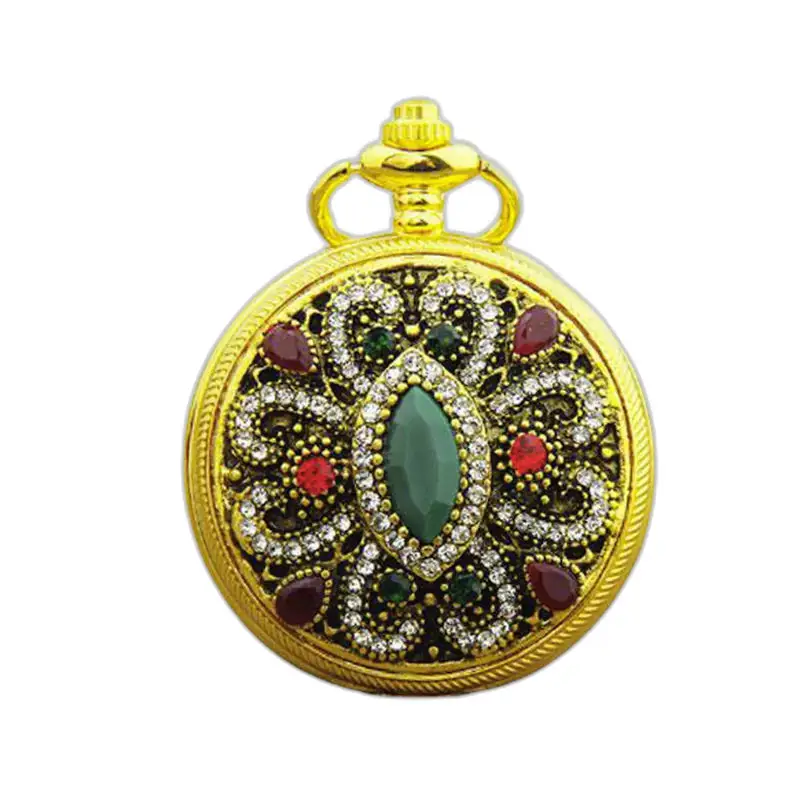 Schicke goldene Halskettenuhr, verziert mit eleganten Edelsteinen und Edelsteinen