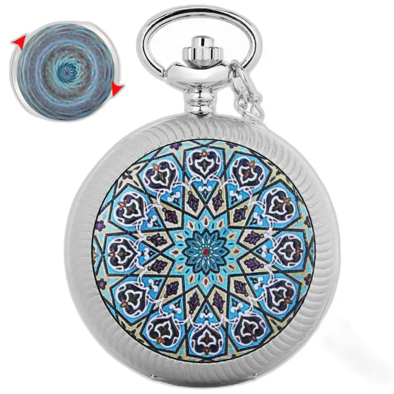 Schicke Halskettenuhr mit Mandala-Blumenmuster in Blau mit geometrischem Design. Halskettenuhr in Silber