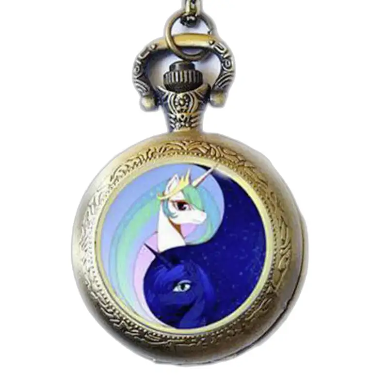 Bronze- und goldene Einhorn-Halskettenuhr mit bronzefarbenem Einhorn-Yin-Yang-Design
