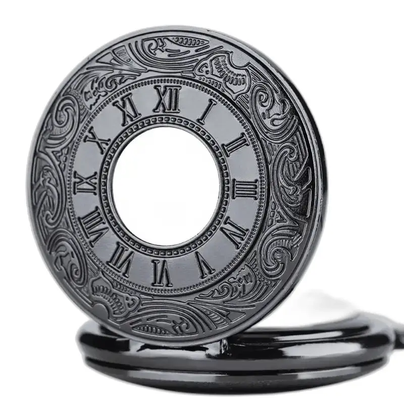 Mechanische Halskettenuhr im Anhängerstil mit elegantem, verziertem schwarzem Gehäuse