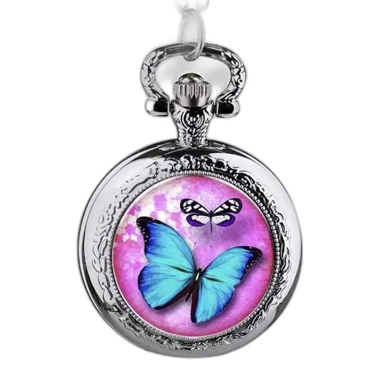 Rosa-blaue Schmetterlings-Halskettenuhr mit silbernem Schmetterlingsdesign