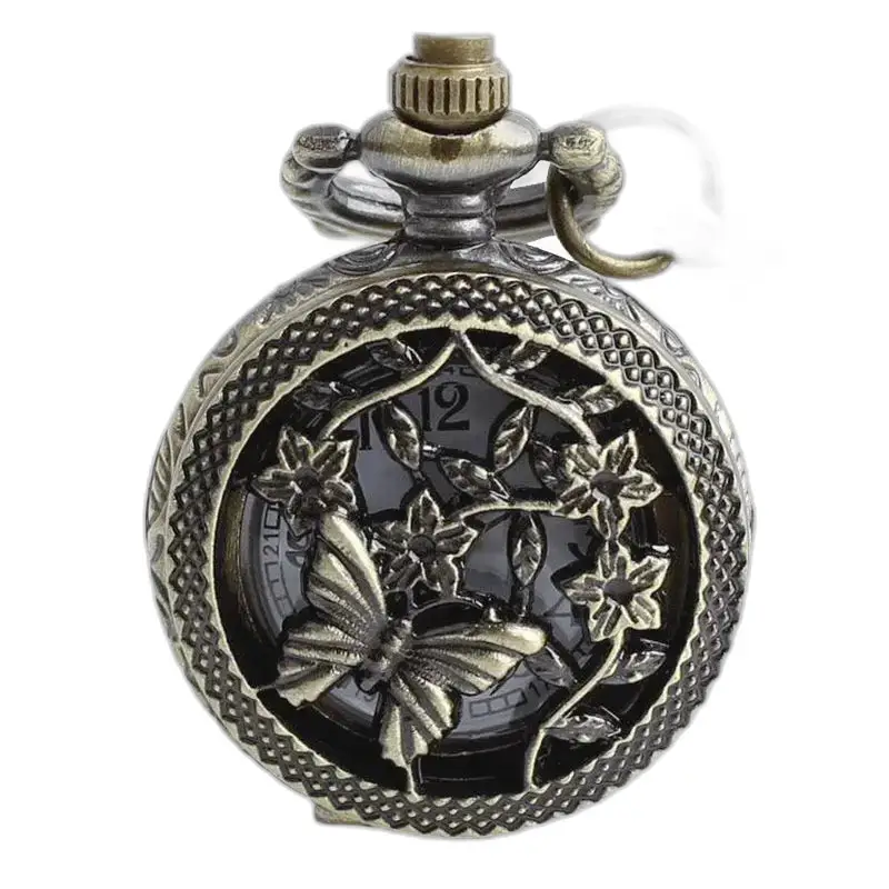 Vintage Bronze-Schmetterlings-Halskettenuhr mit verziertem Schmetterlingsdesign