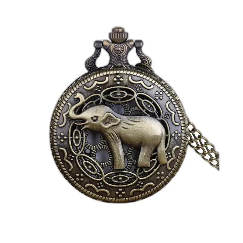 Bronzene Elefanten-Taschenuhr, Vintage-Elefant-Halskettenuhr, weißes Zifferblatt, elegant