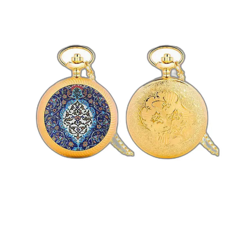 Zwei goldene Taschenuhren, Vintage-Armbanduhr mit grüner Blume und analoger Anzeige