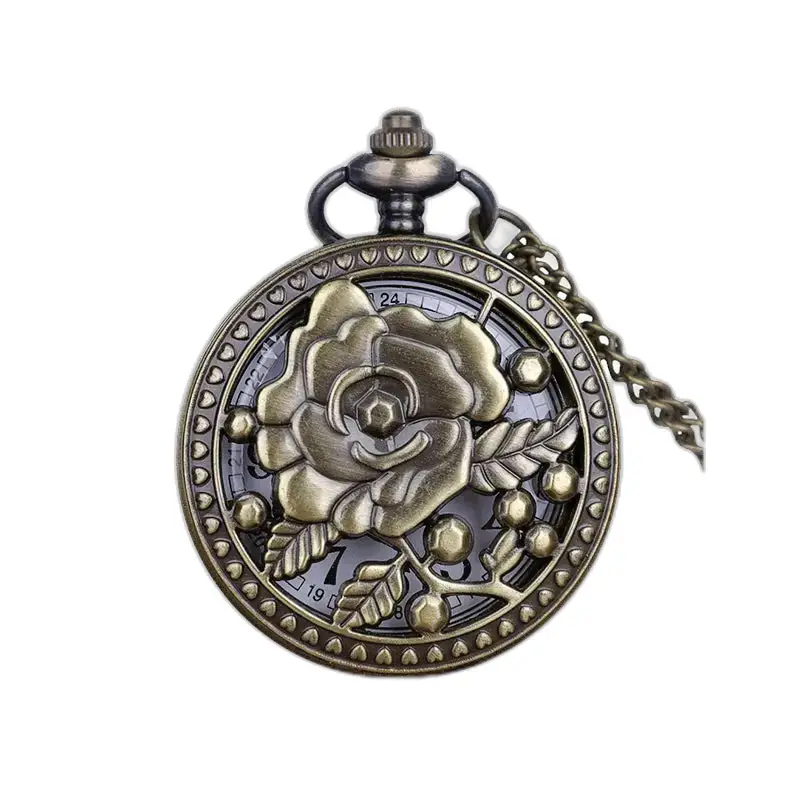 Vintage Rose Flower Bronze-Halskettenuhr mit zartem, rosenförmigem Zifferblatt