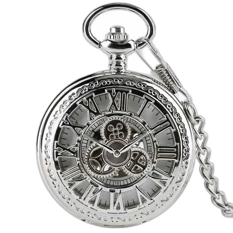 Luxuriöse silberne Taschenuhr mit Diamantzwickel und Kette, elegantes skelettiertes Design