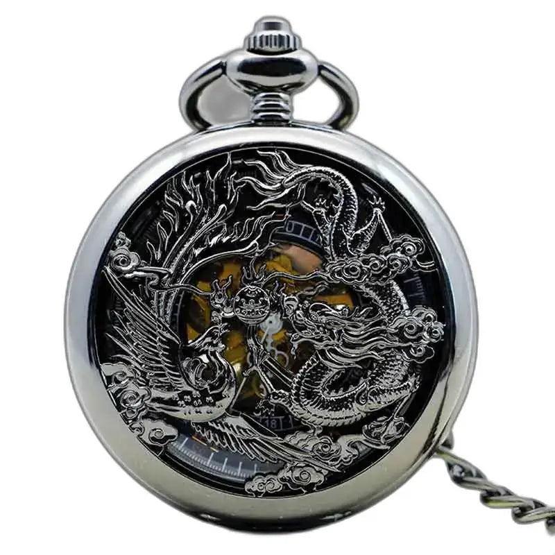 Steampunk Erbium Luxe Gusset Taschenuhr mit Drachen- und Phönix-Design in Silber