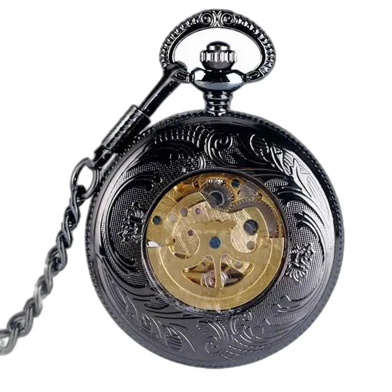 Steampunk Rhodium Gusset Taschenuhr mit kunstvollem Design in Schwarz
