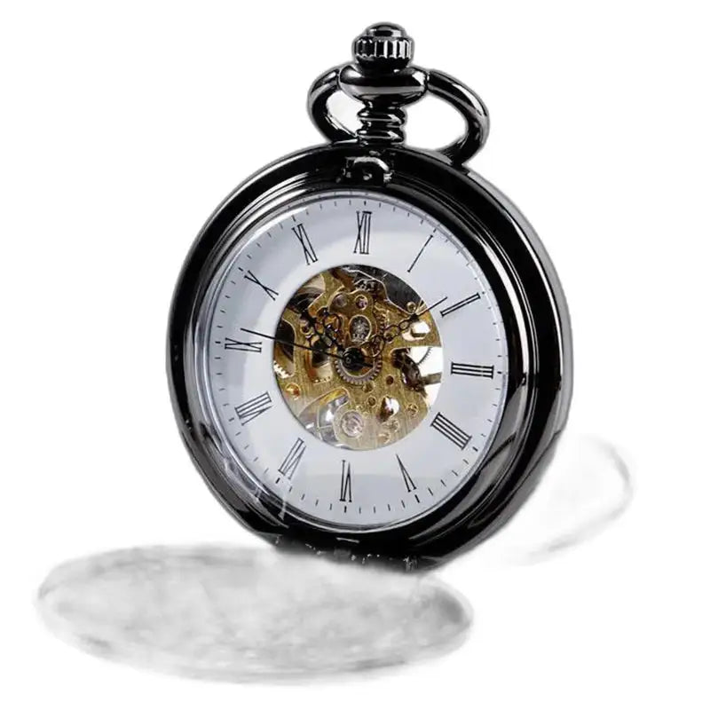 Luxuriöse schwarze Taschenuhr mit Doppelklappe und römischen Ziffern auf elegantem Zifferblatt