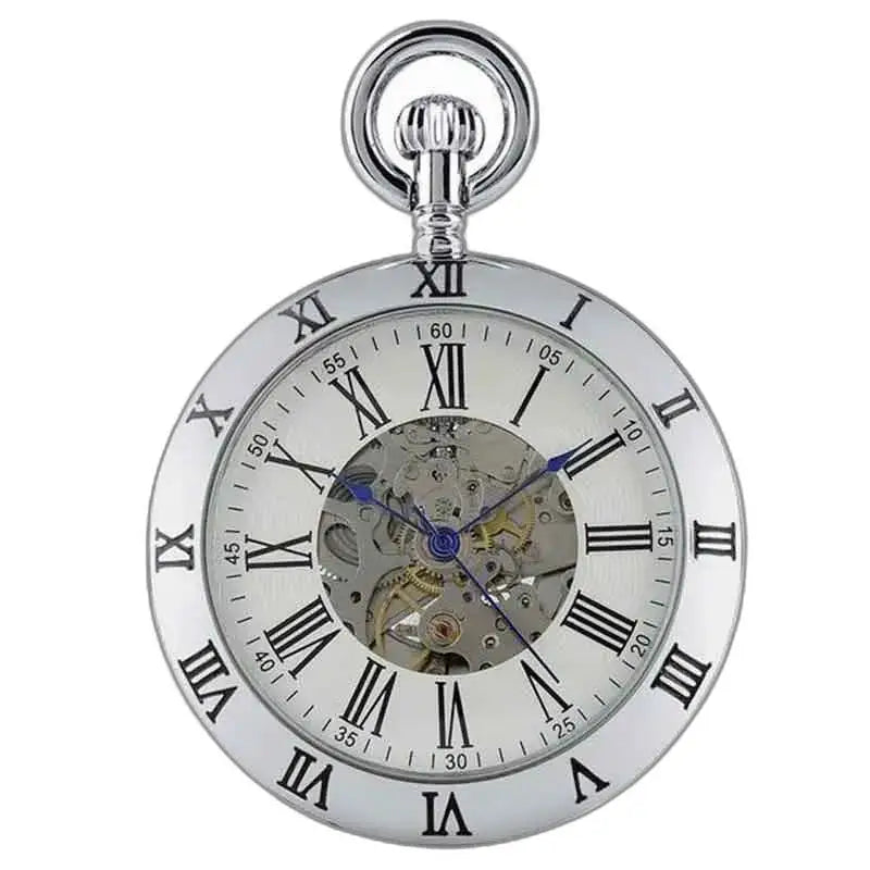 Elegante Luxus-Taschenuhr aus silbernem Stein mit römischen Ziffern auf silbernem Hintergrund