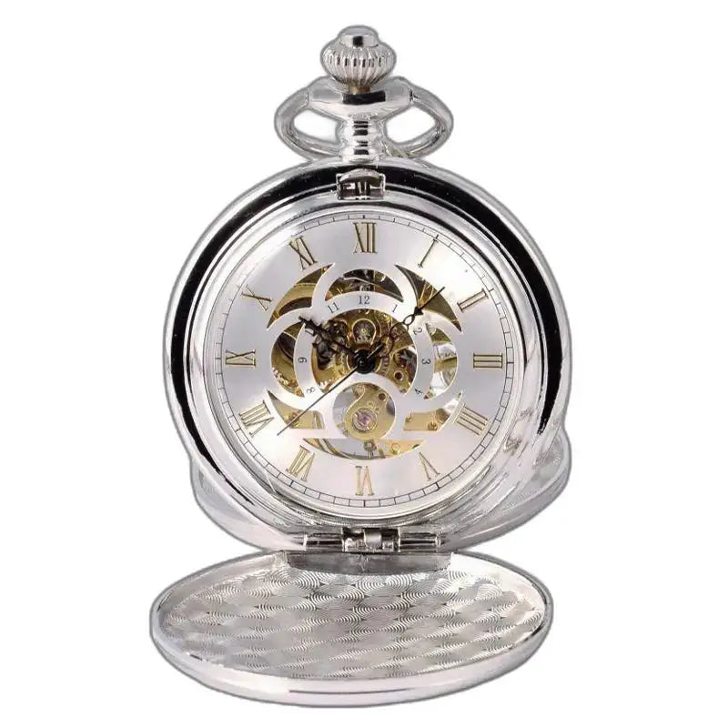 Silberne mechanische Taschenuhr mit Doppelklappe, mechanischem Uhrwerk und sichtbaren Zahnrädern