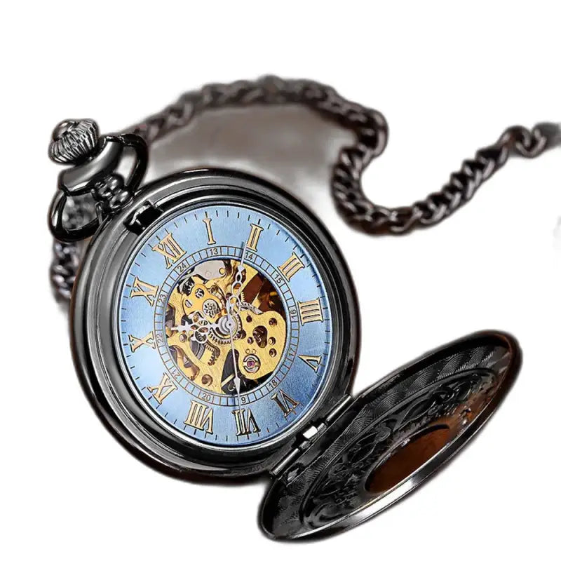Leuchtende mechanische Taschenuhr für Damen mit Kette und offenem Zifferblatt