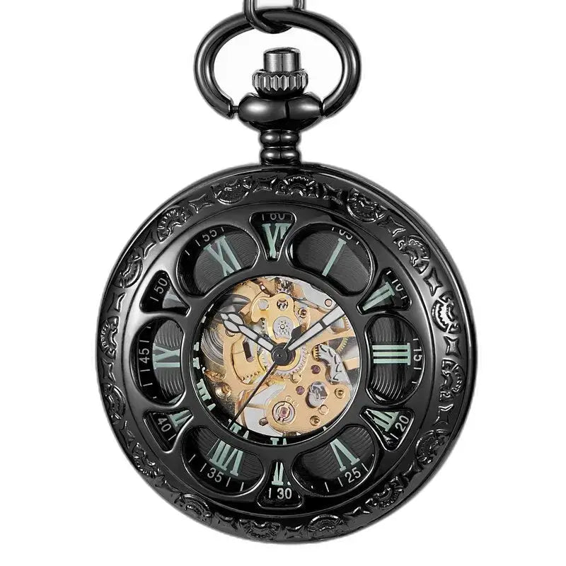 Vintage Green Lantern mechanische Taschenuhr mit skelettiertem schwarzem Zifferblatt
