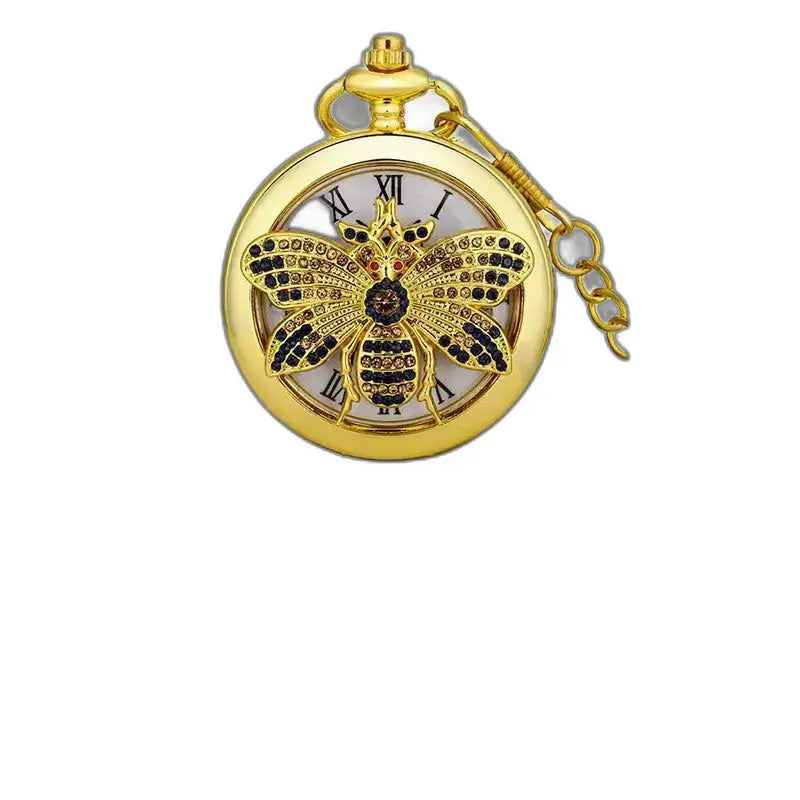 Klassische Gold-Schmetterlings-Quarz-Taschenuhr mit einer Biene in edlem Schmuck