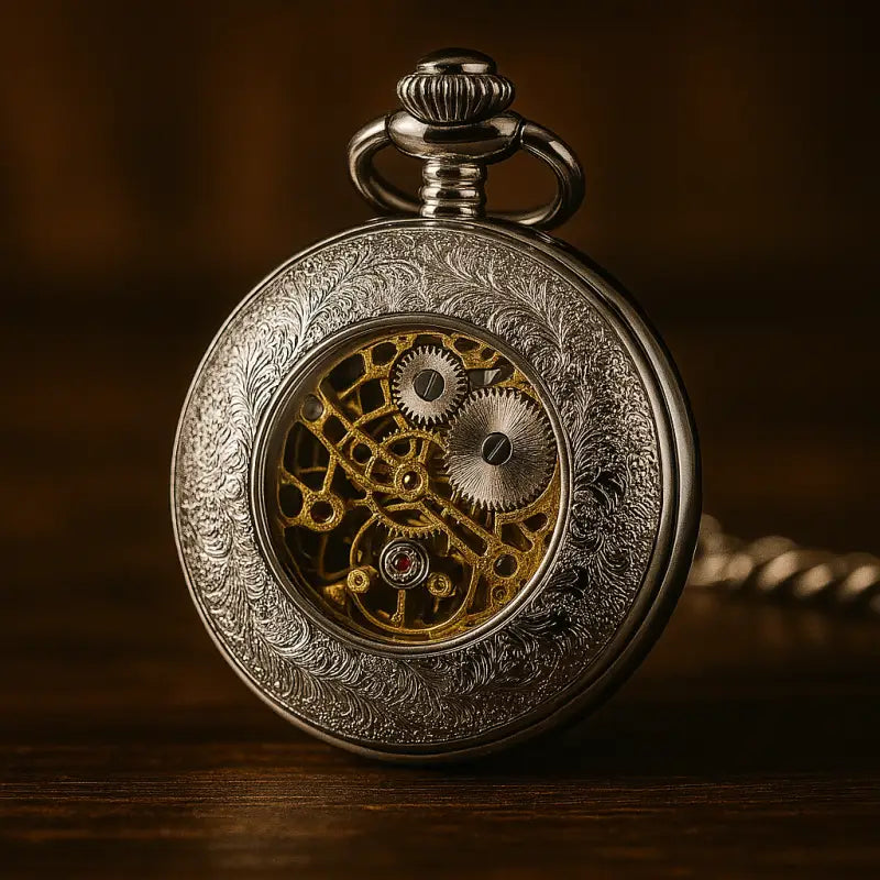 Luxuriöse silberne Taschenuhr-Geschenkbox mit elegantem silbernen Skelett-Zifferblatt