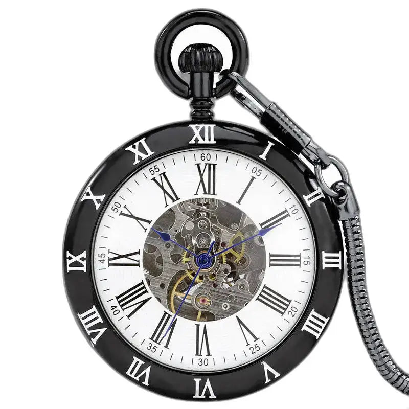 Schwarze klassische offene mechanische Taschenuhr mit sichtbarem Mechanismus und schwarzen Zahnrädern