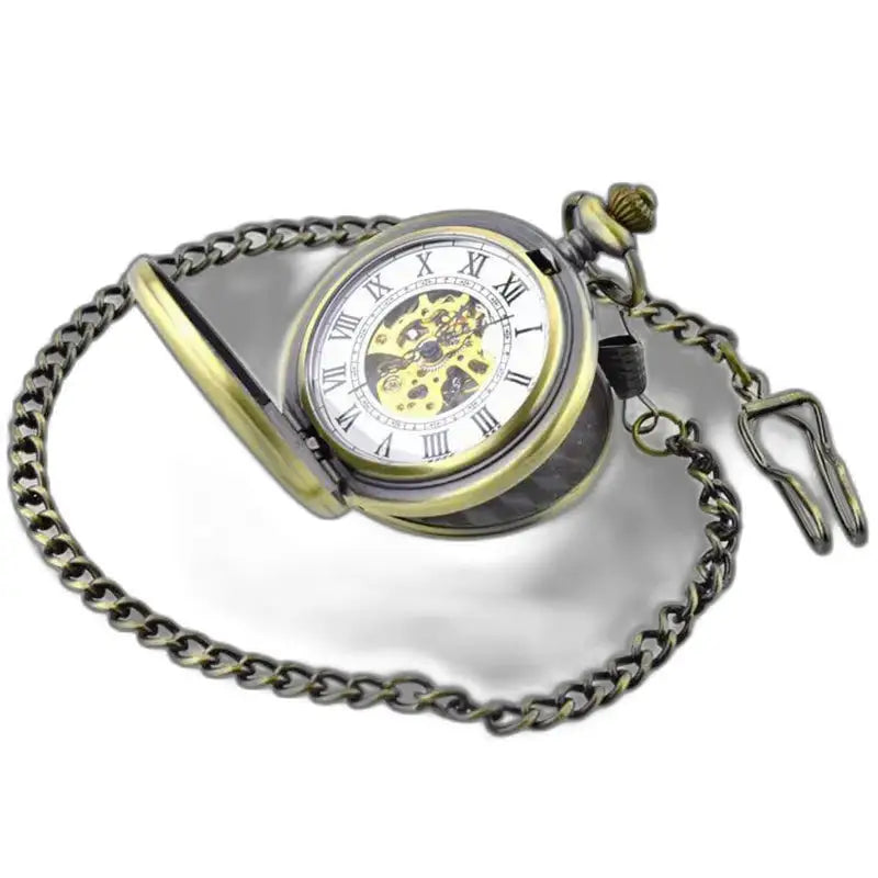 Luxuriöse mechanische Taschenuhr aus Schwarzgold mit goldener Kette und elegantem antikem Design