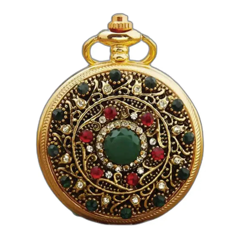 Halsketten-Taschenuhr aus Gold und Edelsteinen mit verziertem Design