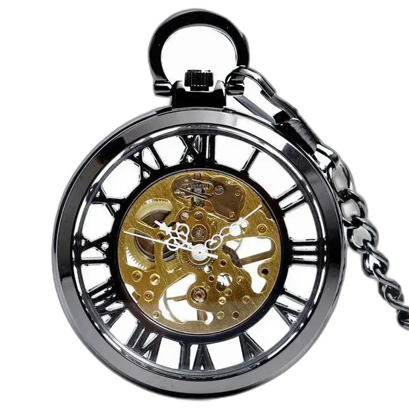Moderne skelettierte silberne Herren-Damen-Taschenuhr mit Kette und elegantem Design