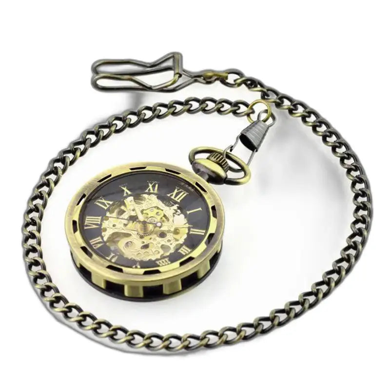 Luxuriöse Skelett-Taschenuhr für Damen und Herren mit Bronzekette und elegantem Design
